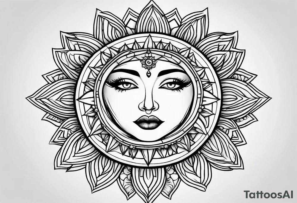 Small Traditional sun with feminine eyes and lips shading around edges tattoo idea