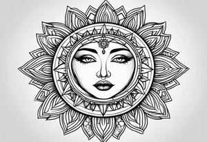 Small Traditional sun with feminine eyes and lips shading around edges tattoo idea