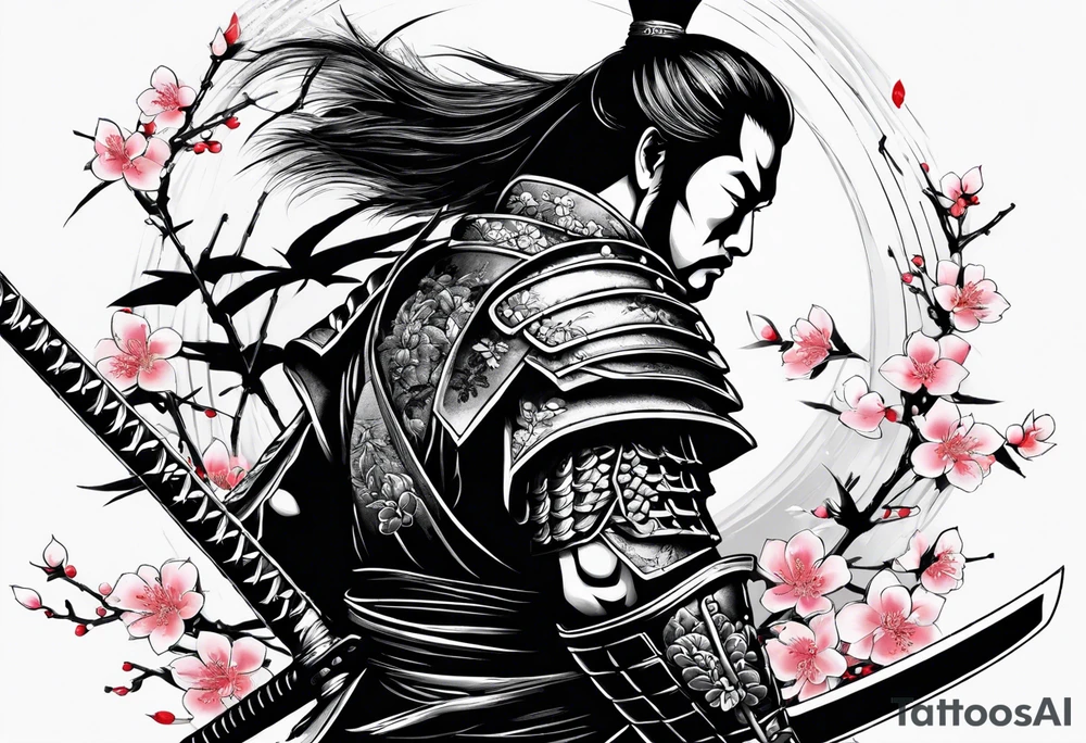 samurai with sword in blood, in armor, for a forearm
Should contains sakura leaves 
The tatoo should show i have dedication, respect and inner strength, and I try to become better everyday tattoo idea