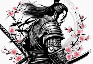 samurai with sword in blood, in armor, for a forearm
Should contains sakura leaves 
The tatoo should show i have dedication, respect and inner strength, and I try to become better everyday tattoo idea