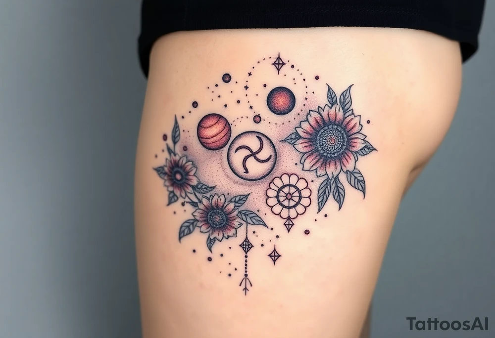 Milky way galaxy with planets with zodiac symbols and protection runes in it with tigerlillies roses and sunflowers tattoo idea