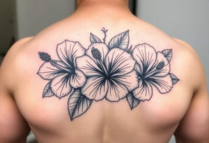 Three hibiscus flowers botanical big tattoo. FINE LINE add greenery around tattoo idea