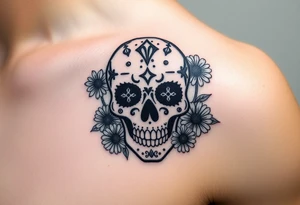 Masculine sugar skull with diamonds and daisies tattoo idea