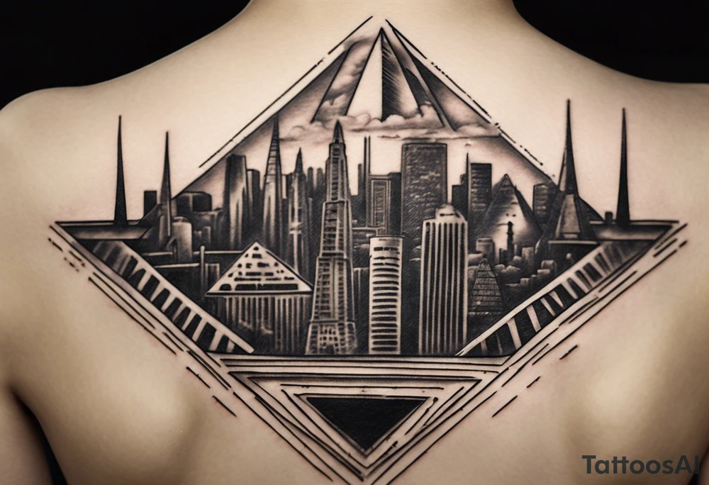 Create a visually dynamic tattoo that seamlessly blends the timeless elegance of the three Pyramids of Giza with the modern allure of the Manhattan skyline. Envision the pyramids standing majestically, perhaps incorporating subtle Egyptian motifs like hieroglyphs or an ankh, transitioning smoothly into the iconic structures of New York, such as the Empire State Building and One World Trade Center. tattoo idea