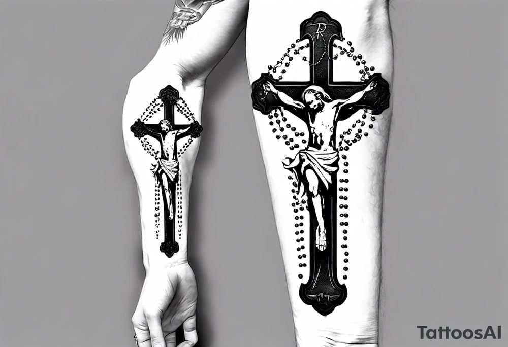 men’s arm sleeve, rosary, the name Peters, 1997, cross tattoo idea