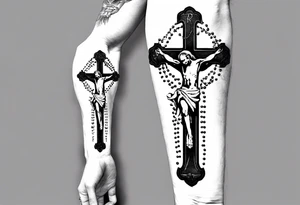 men’s arm sleeve, rosary, the name Peters, 1997, cross tattoo idea