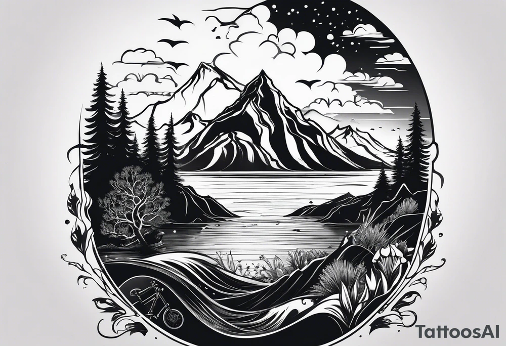 This is a tattoo that is split into 2 sections. The top half is a mountain in Norway with a mountain bike trail winding down the mountain. The bottom half of the tattoo depicts an underwater scene featuring water, and sea life. tattoo idea