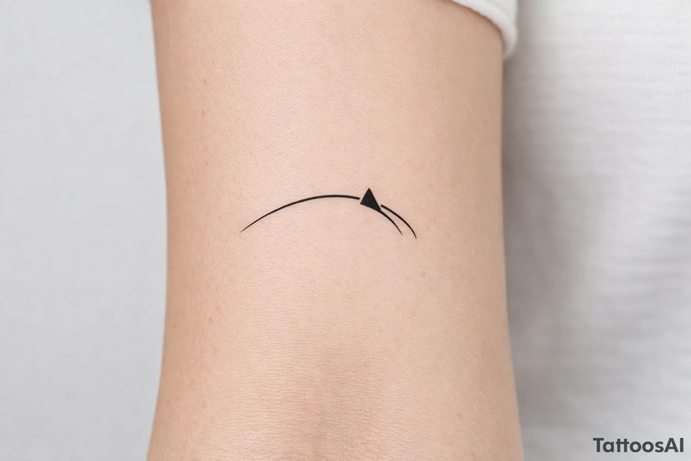 Minimalist tattoo representing a racing line approaching a racetrack apex, a simple curved line with a small geometric apex marker, inspired by motorsport driving technique tattoo idea