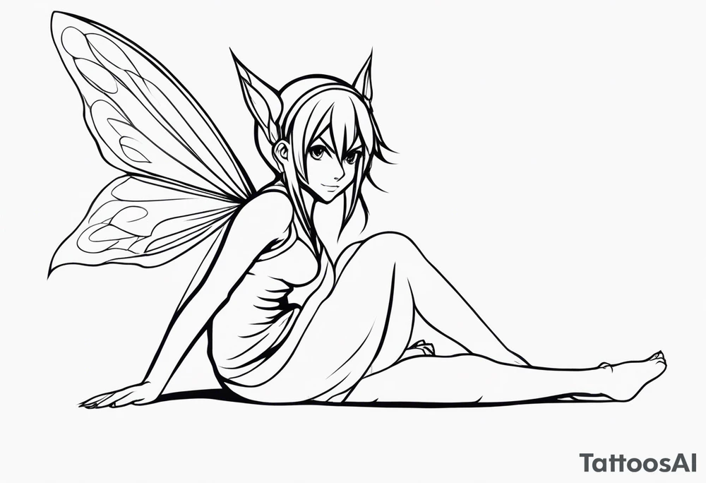 No color sketch of a fairy with a tail inspired by the guild symbol in the anime show called Fairy Tail in a fetal position leaning in and forward while crawled in tattoo idea