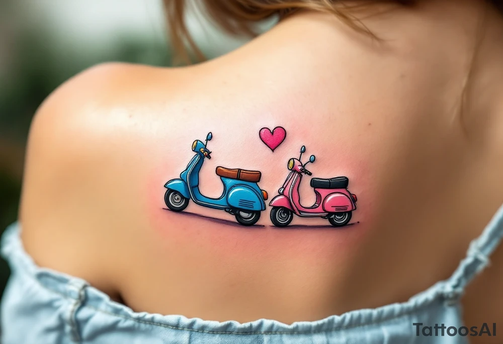 2 scooters, blue and pink, riding together in love tattoo idea