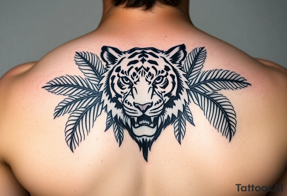 Tiger surrounded by palm leaves tattoo idea