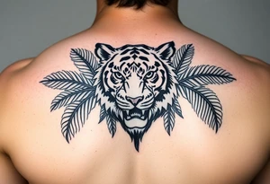 Tiger surrounded by palm leaves tattoo idea