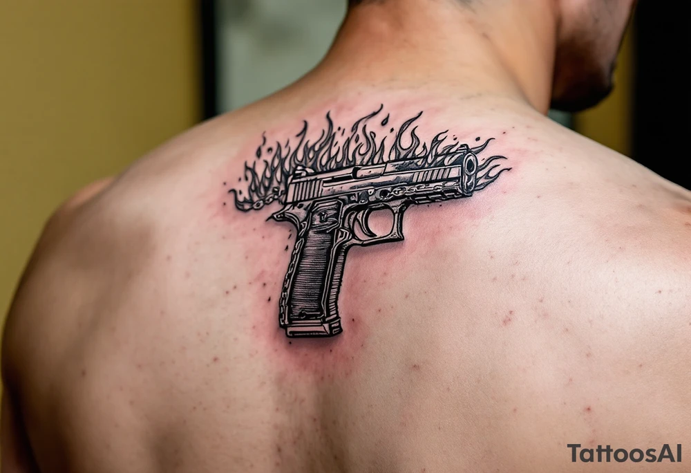 American traditional tattoo of glock with flames and a chain border tattoo idea