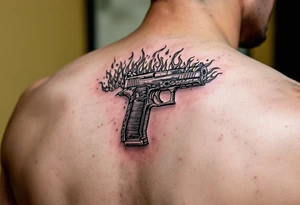 American traditional tattoo of glock with flames and a chain border tattoo idea