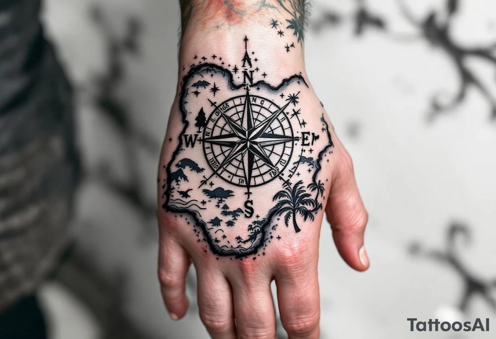 Compass on the back of the palm in the shape of Nigeria with longitude written on the top and latitude written on the bottom. Draw lines from a treasure map connecting from the arm to the tattoo and water waves around the tattoo tattoo idea