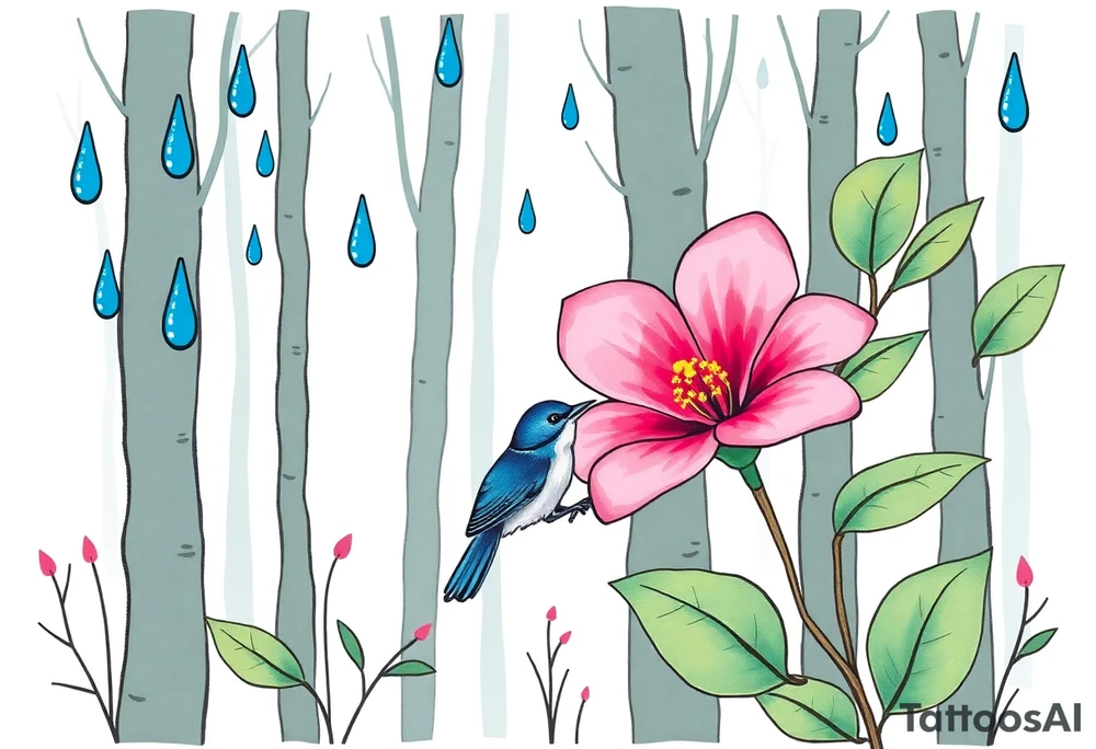 forest background with blue rain drops, pink camelia flower and blue wren bird tattoo idea
