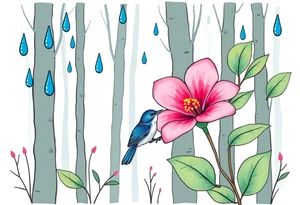 forest background with blue rain drops, pink camelia flower and blue wren bird tattoo idea