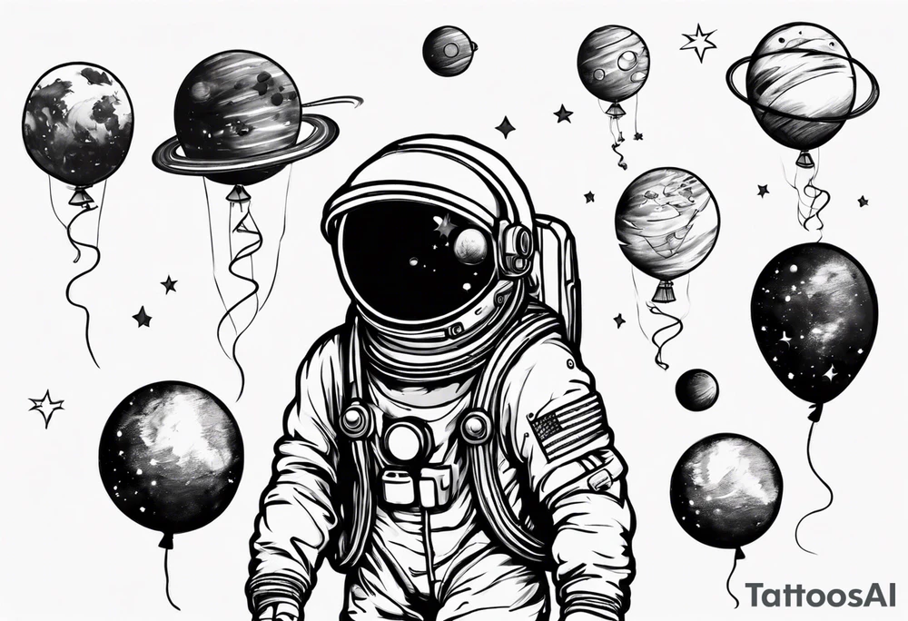 astronaut holding in hand  several balloons but balloons are planets tattoo idea