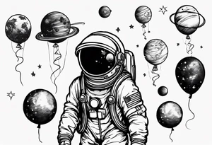 astronaut holding in hand  several balloons but balloons are planets tattoo idea