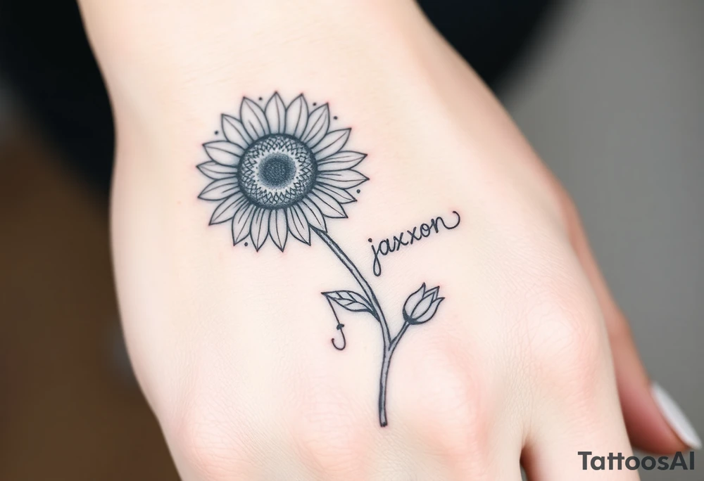 a sunflower and stem with the name jaxxon embedded in the stem tattoo idea