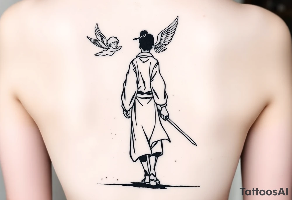 "Blackwork tattoo sketch of a lone samurai walking forward, shown in dramatic silhouette style. The samurai wears traditional kimono and hakama, holding a katana in one hand with the blade pointing downward. Behind him floats a small child angel with detailed feathered wings, gently touching the samurai’s back with one hand, as if stopping or guiding him. Strong contrast, dynamic ink splatter, rough brush strokes, Japanese sumi-e vibe, emotional and symbolic composition, high detail linework, no background." tattoo idea