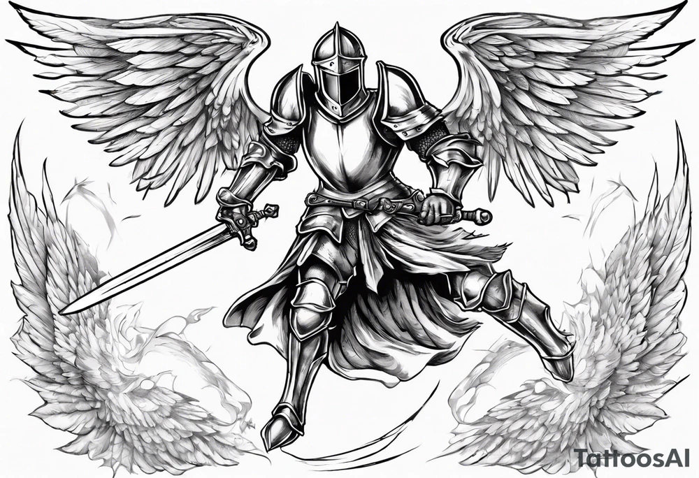 A Winged Paladin Knight in mid-air with his sword about to attack. tattoo idea
