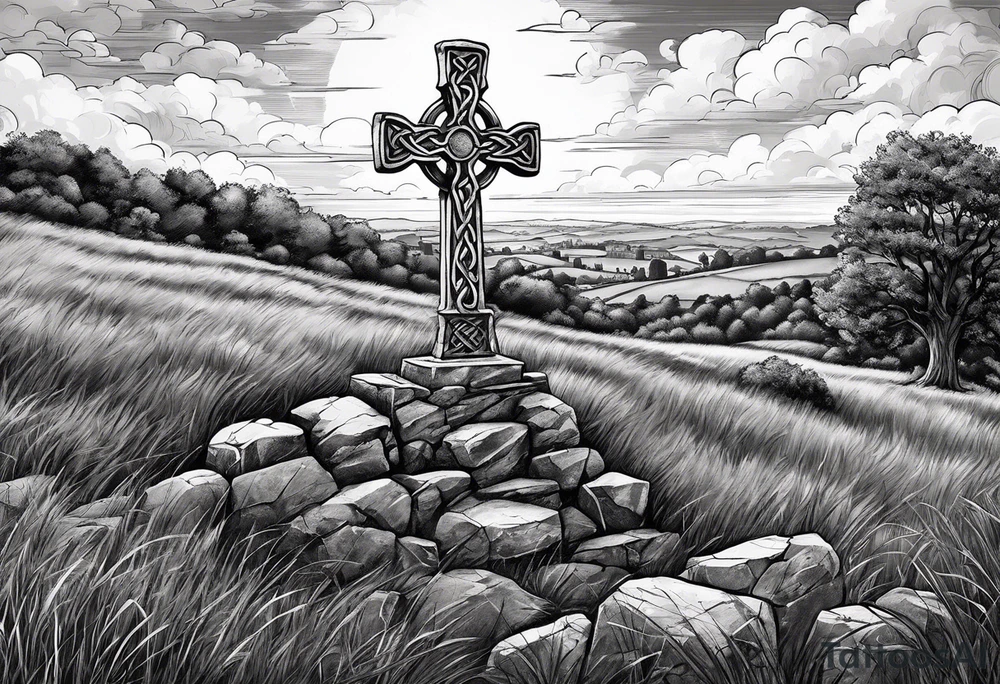 A stone Celtic cross standing solemnly atop a hill. A ruined stone wall lies crumbling near the cross tattoo idea