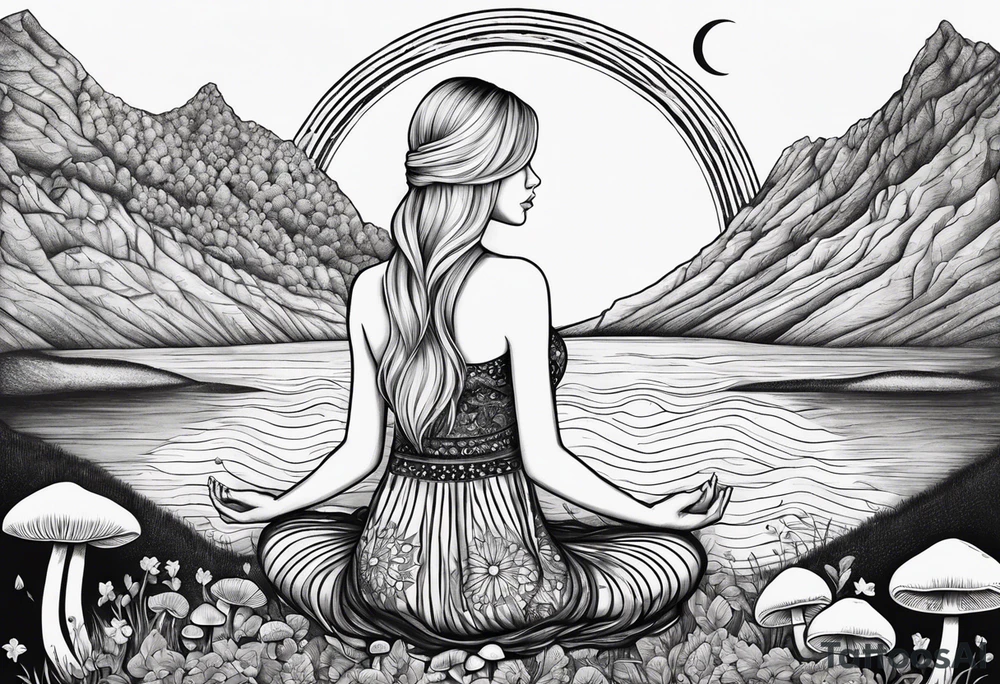 Straight blonde hair girl meditating facing away toward mountains surrounded by mushrooms crescent moon mandala circular design black and white striped dress tattoo idea