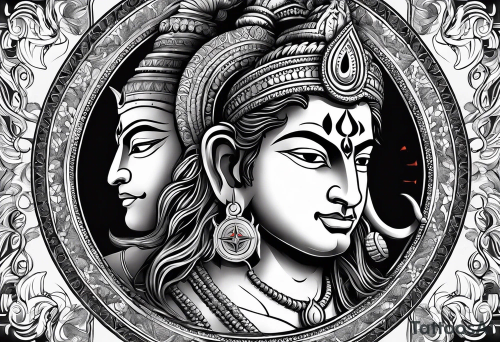 Lord Shiva and lord hanuman with a compass on background tattoo idea