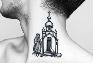 russian design traditional virgin mary stood beside the entrance of a russian orthodox dome church on the side of the neck in a wilderness setting with the design on the side of the neck tattoo idea