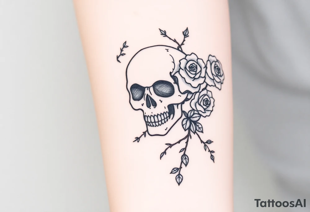 gothic skull intertwined with climbing roses and thorny vines tattoo idea