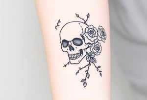gothic skull intertwined with climbing roses and thorny vines tattoo idea