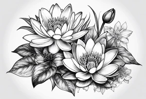 Water lily and larkspur bouquet tattoo idea