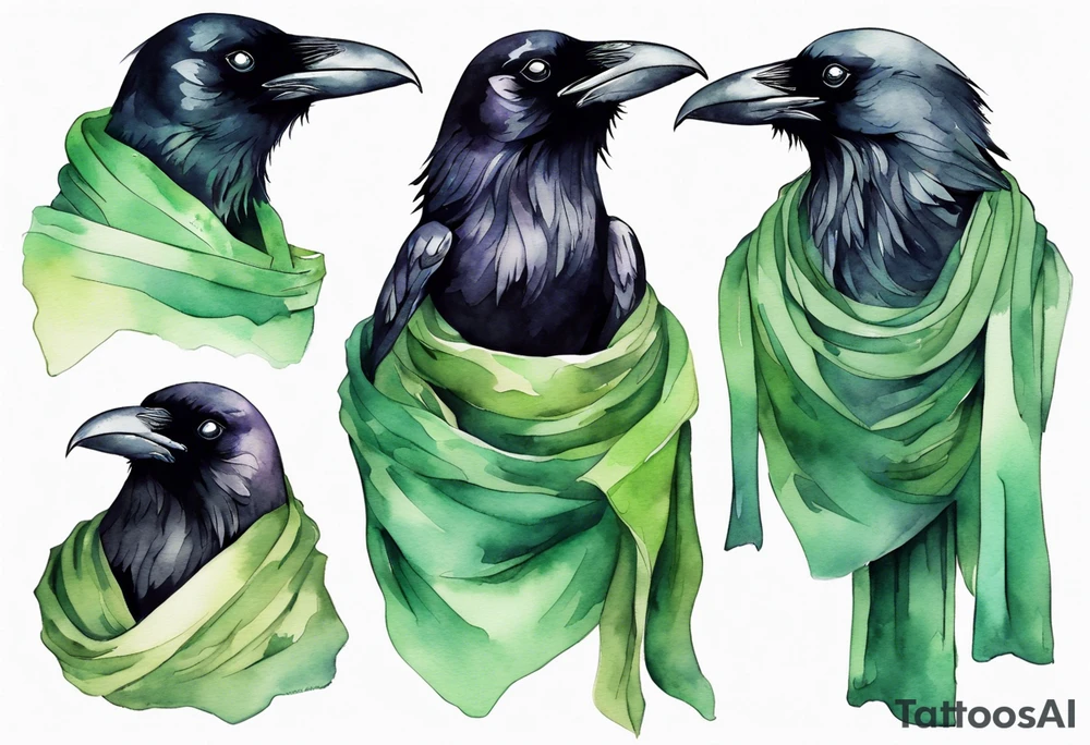 a raven wearing a thin green scarf tattoo idea