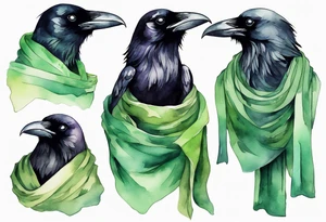 a raven wearing a thin green scarf tattoo idea