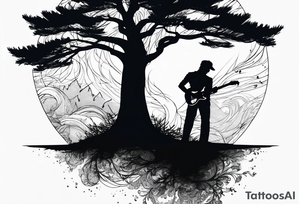 silhouette of a man standing under a pine tree playing electric guitar tattoo idea