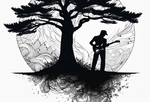 silhouette of a man standing under a pine tree playing electric guitar tattoo idea