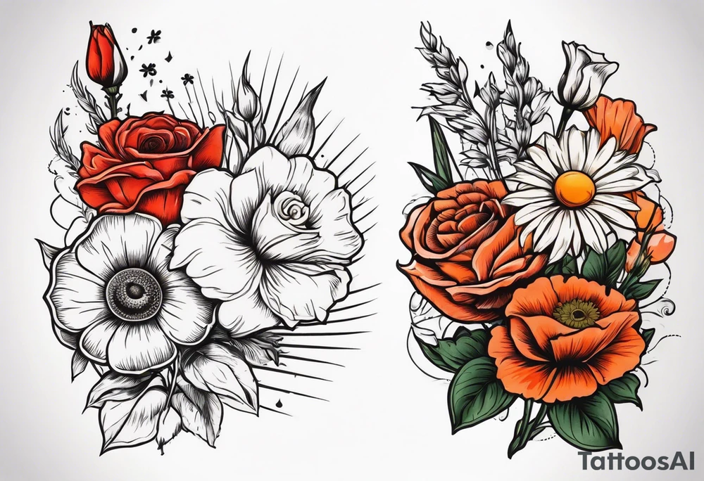 A vintage vertical design of a daisy and a rose with gladiolus flowers and poppies weaving through tattoo idea