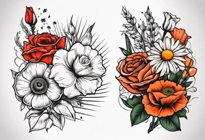 A vintage vertical design of a daisy and a rose with gladiolus flowers and poppies weaving through tattoo idea