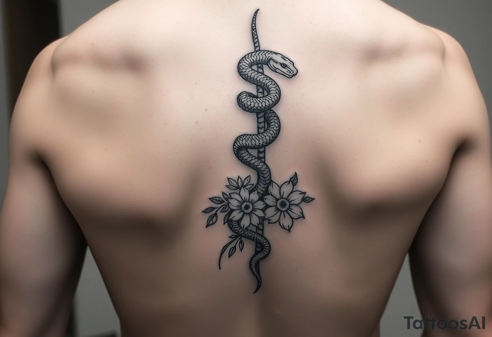 generate a spine tattoo with a snake wrapping around the spine and light florals tattoo idea