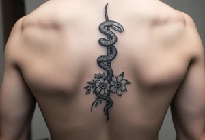 generate a spine tattoo with a snake wrapping around the spine and light florals tattoo idea