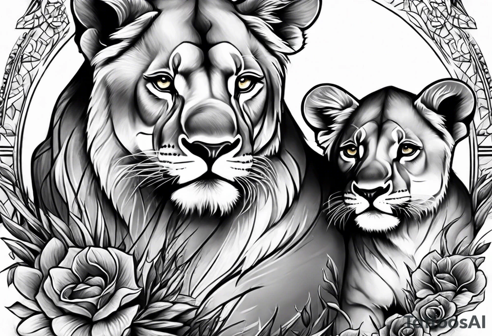 Lioness protecting her two cubs tattoo idea