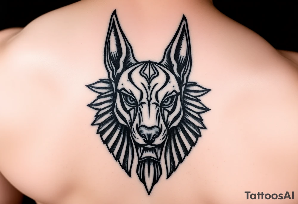 muscle Egyptian Anubis god face in Egypt style dog face tattoo idea