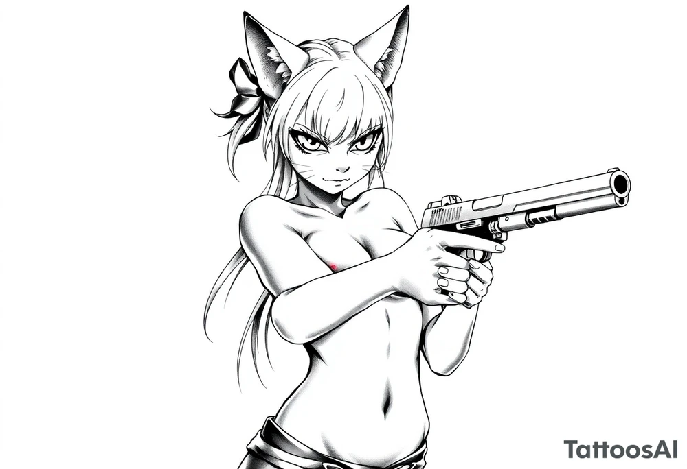 naked catgirl, slut, angry, anime, holding gun, black tattoo idea