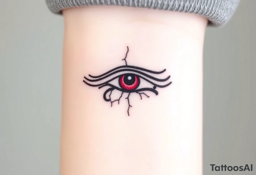 A black and crimson Eye of Horus, with cracks forming around it, symbolizing power emerging from chaos tattoo idea