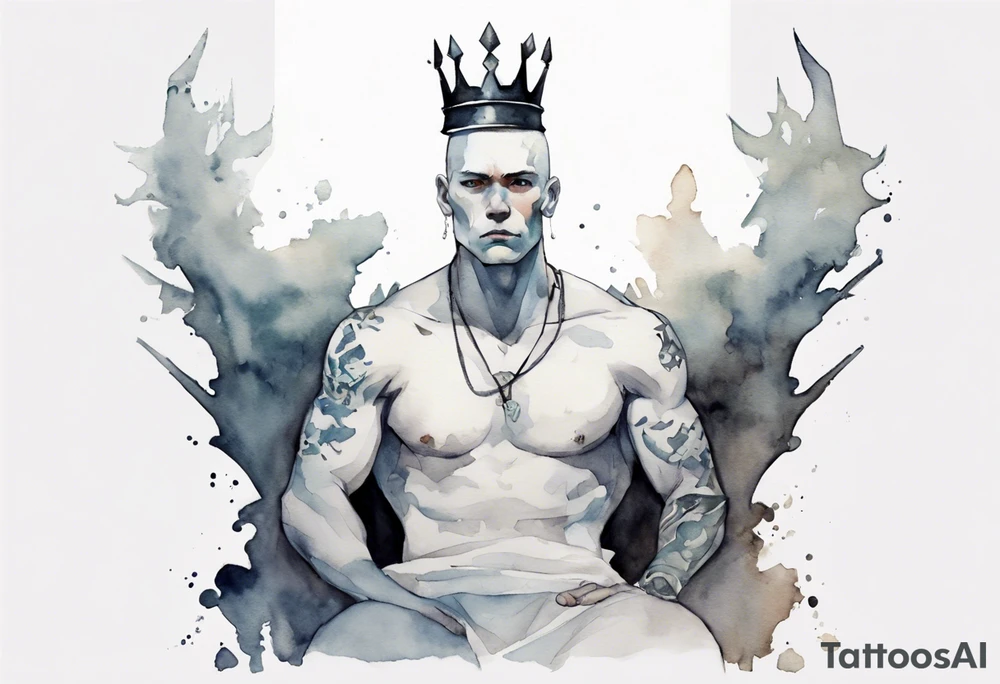 a white roc wearing a minimalist iron crown, standing on a stone throne tattoo idea