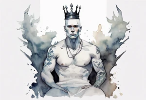 a white roc wearing a minimalist iron crown, standing on a stone throne tattoo idea