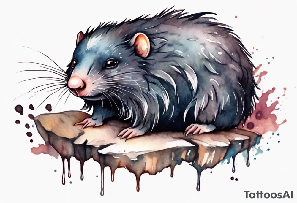 a giant mole with large dark eyes white glowing fur and messy of dark hair on its head tattoo idea