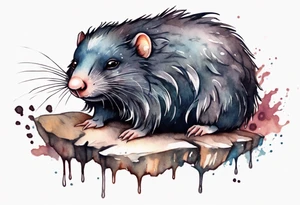 a giant mole with large dark eyes white glowing fur and messy of dark hair on its head tattoo idea