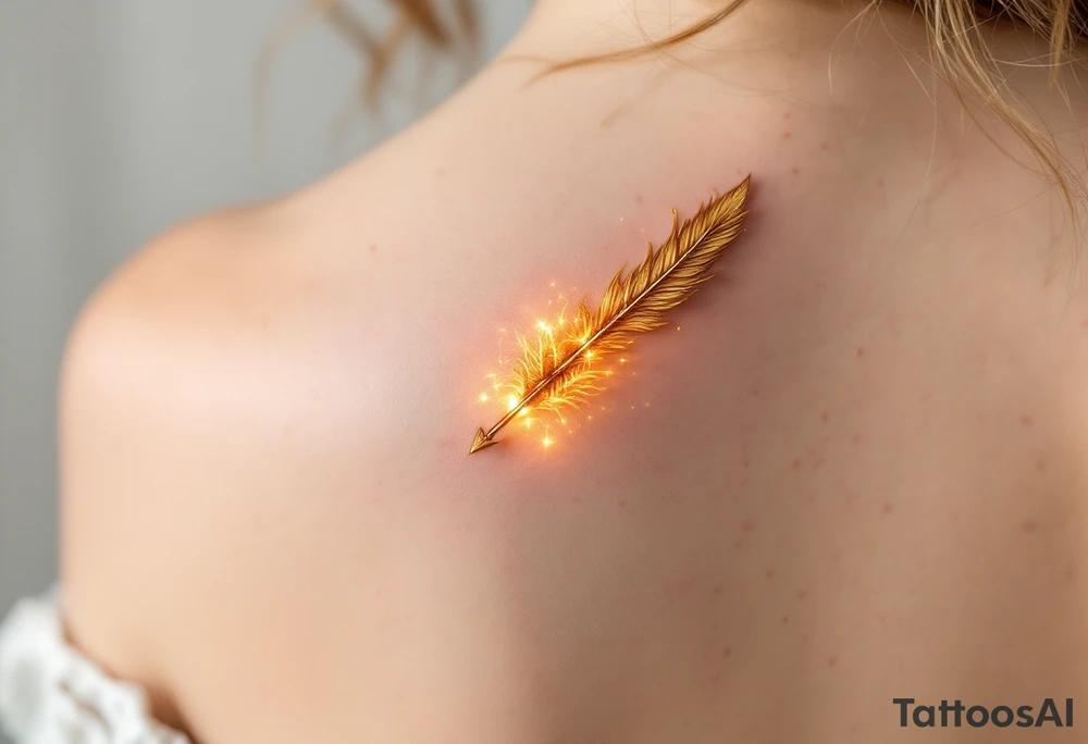 A golden arrow with a phoenix feather tail, engulfed in a soft glow, symbolizing rebirth and transformation. tattoo idea